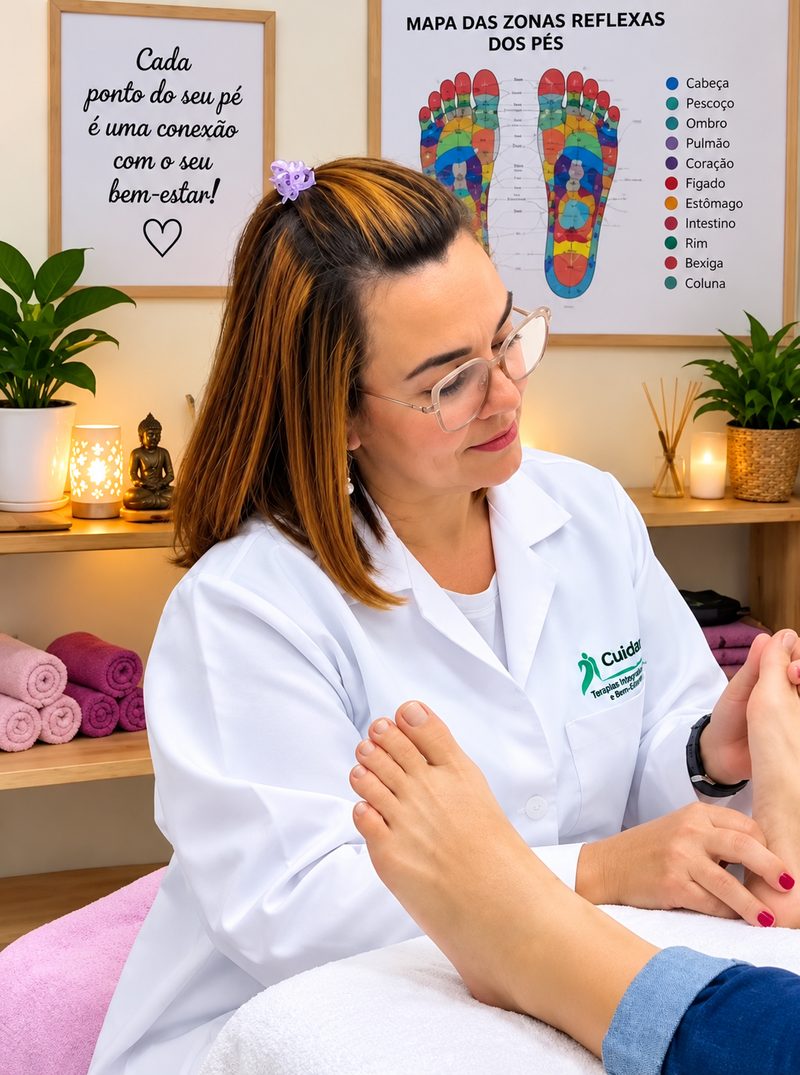 Claudete Lopes Enfermeira e Reflexoterapeuta podal atendendo, ao fundo o mapa das zonas reflexas dos pés